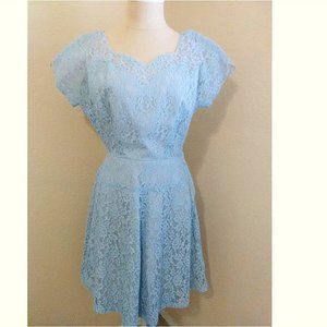 Vintage 1950s Blue Lace Scalloped Sweetheart neckline fit and flare dress